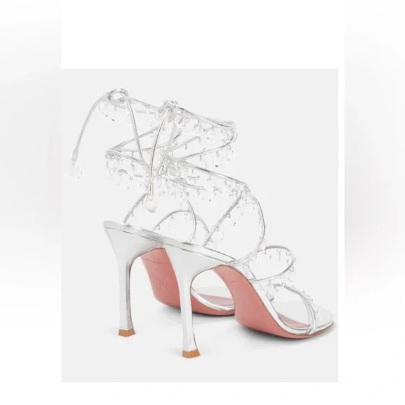 New Amina Muaddi Silver Tina Laceup 105 Stiletto Heels with Crystal Straps - Picture 3 of 10